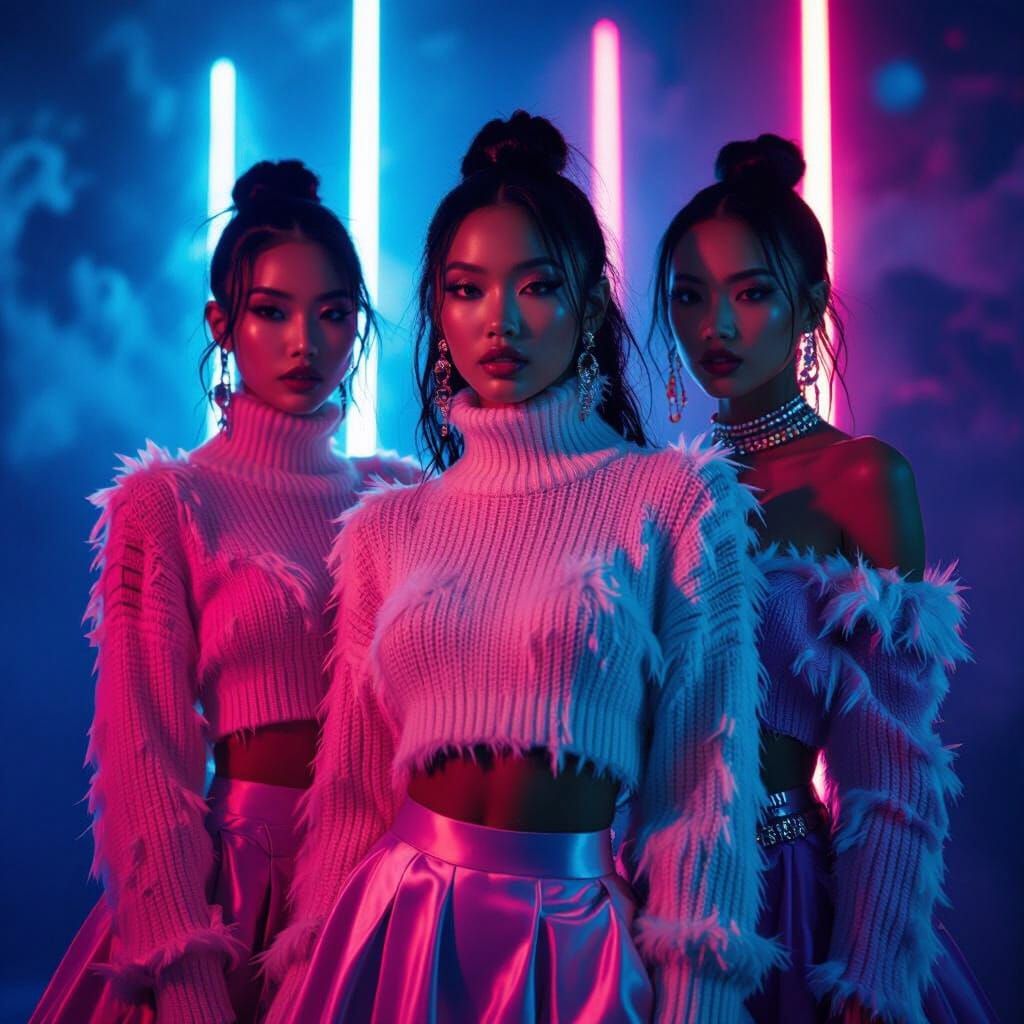 K-Pop Fashion: Three Dark-Skinned Women in Hairy Crop Tops a...