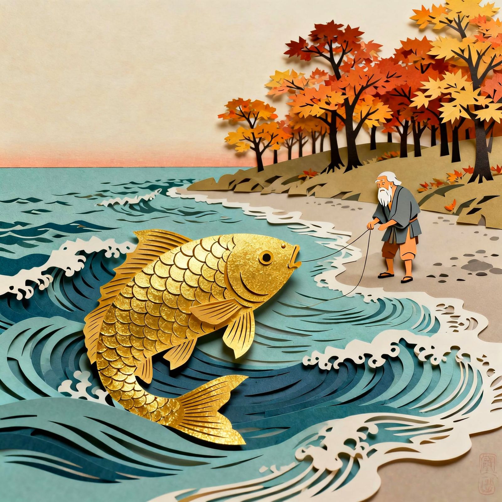 Golden Fish Swims to Fisherman in Stylized Storybook