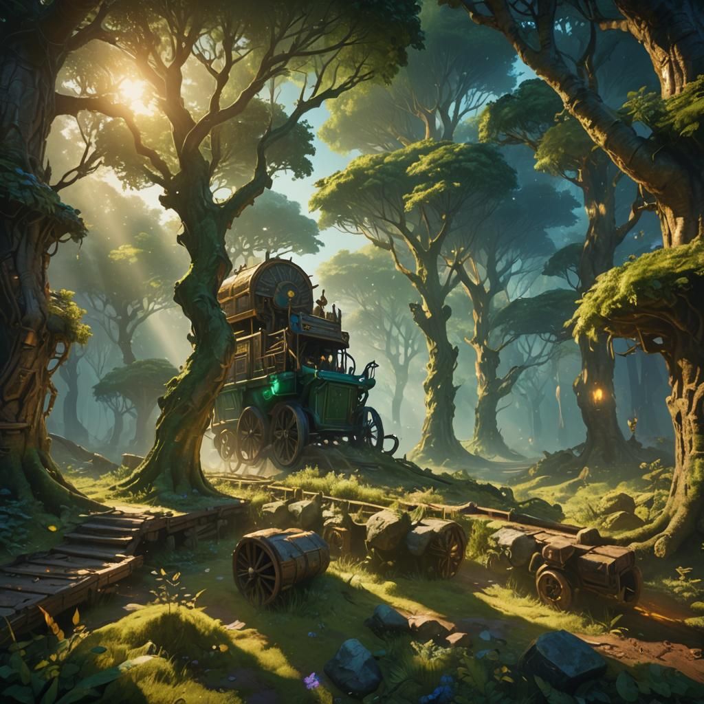 Mine Cart Plunge in Mystical Forest Concept Art