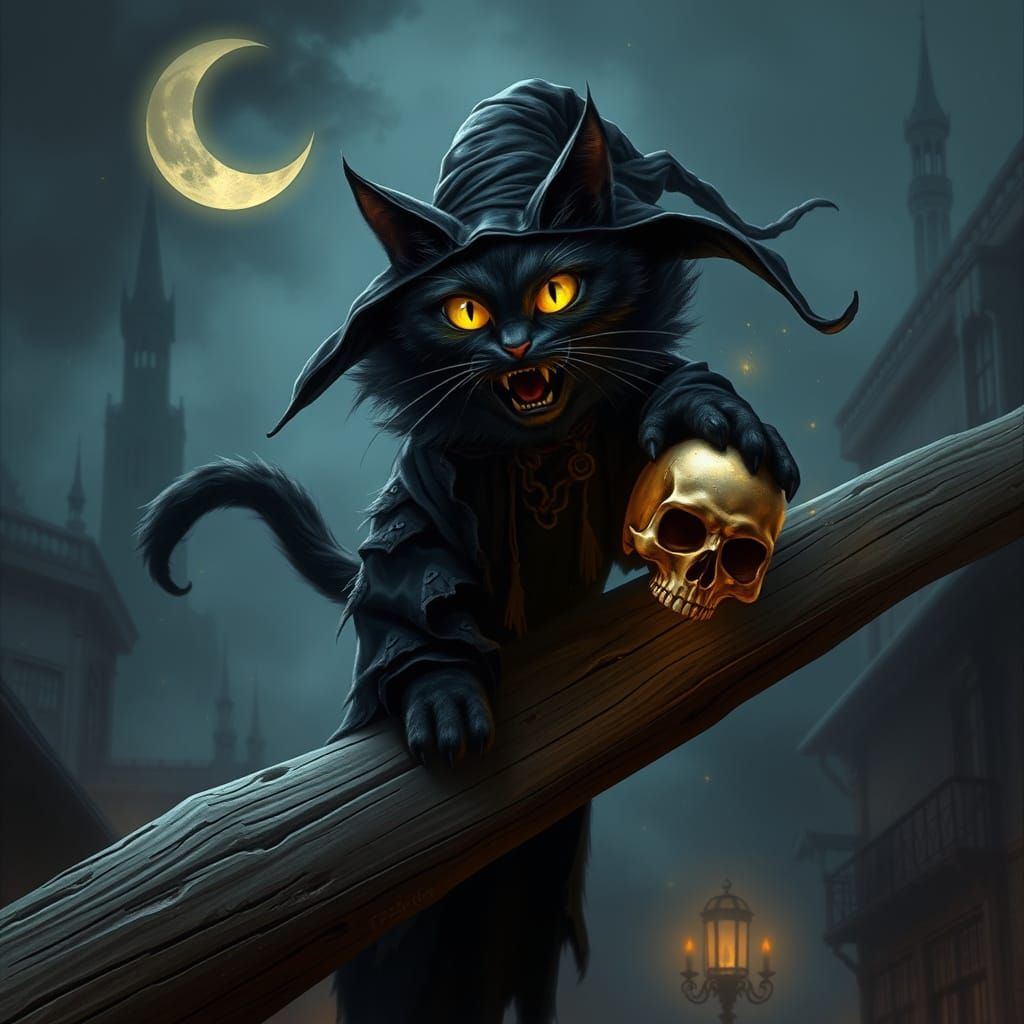 Whimsical Wizard Cat Confronts Dark Gothic City