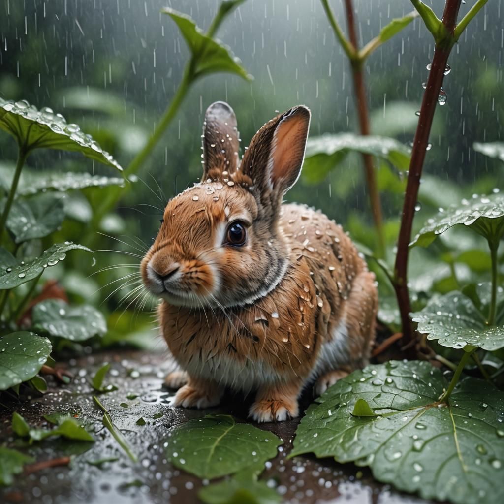 Rabbit Sheltering From Rain Under Leaf