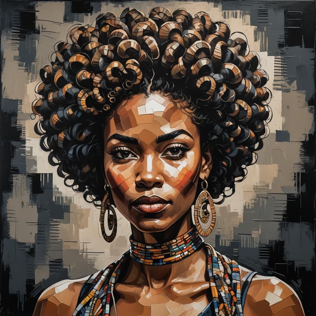 Woman with Elaborate Afro Hairstyle in Cubist Style