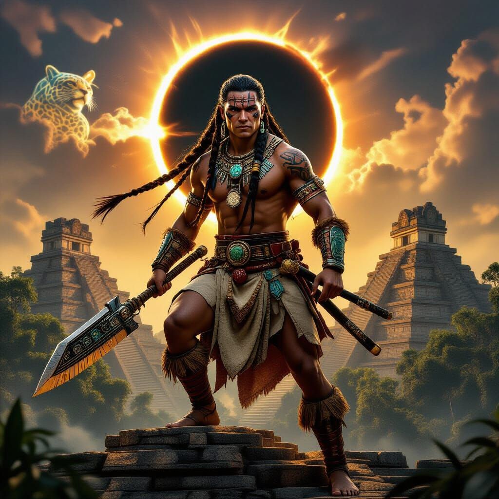 Mayan Warrior on Tikal Pyramid during Solar Eclipse