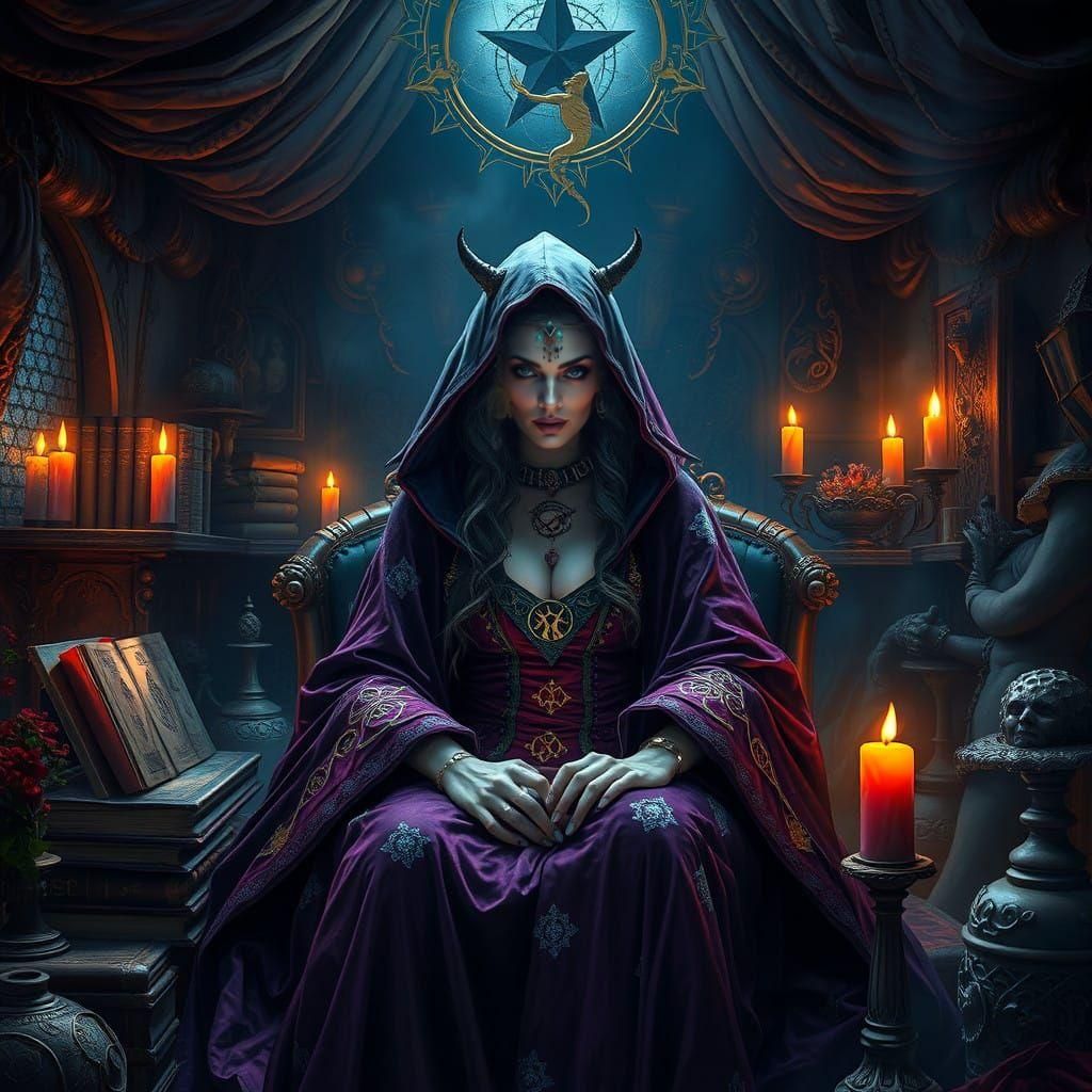 Mystical Sorceress in Velvet Robe Amidst Enchanted Caravan