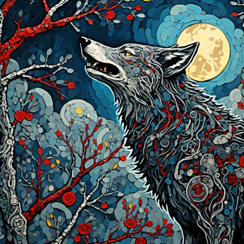 Wolf Howling at Moon in Digital Painting