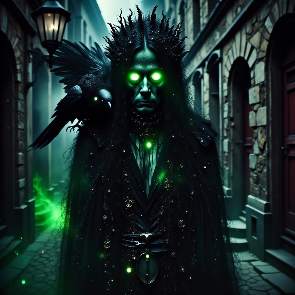 Witch and Magical Raven in Neo-Noir Alley