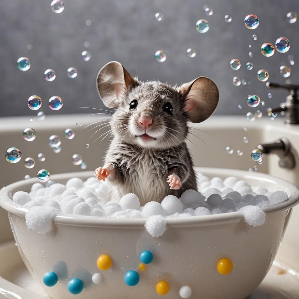 Cute Mouse with Bubble Mustache in Bathtub