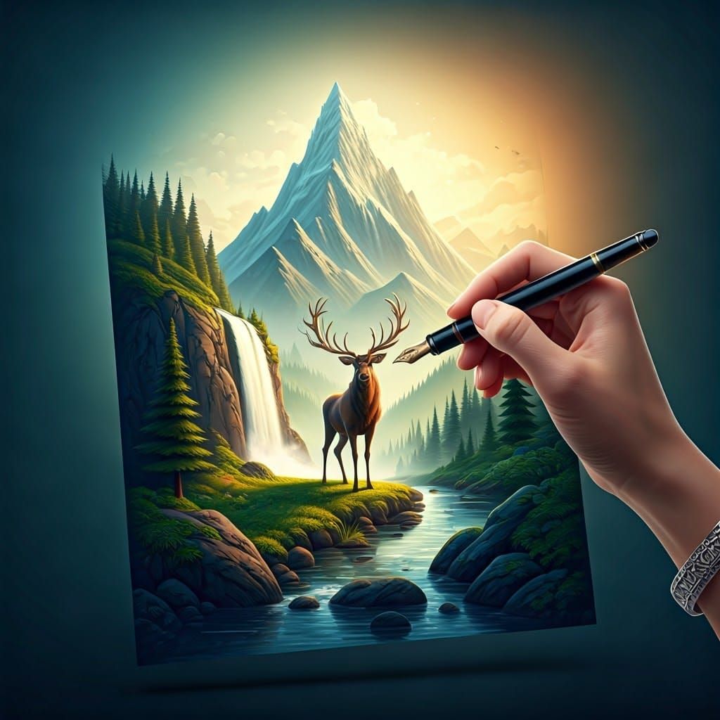Hand Illustrating Mountain Landscape as 3D Digital Art