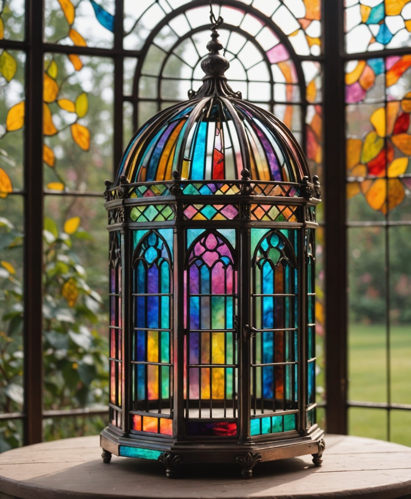 Iridescent Stained Glass Birdcage With Open Door