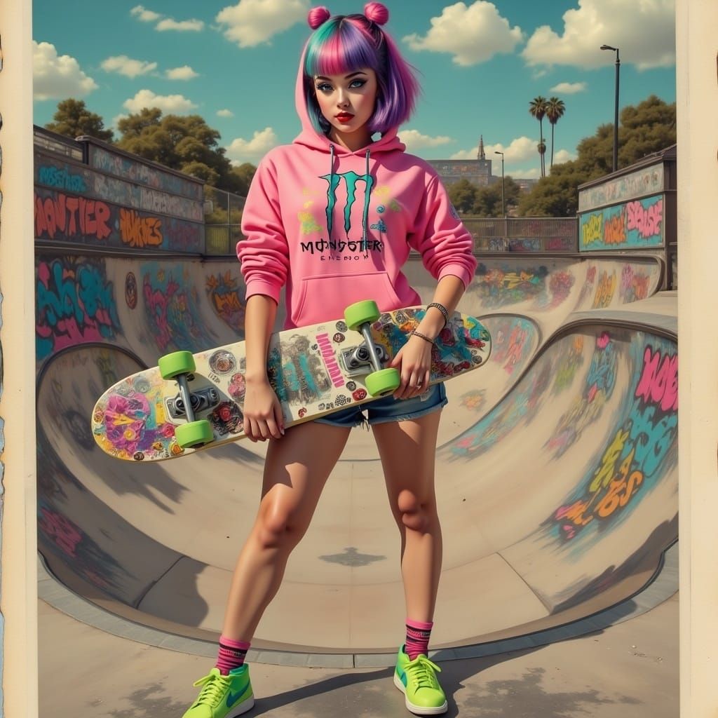 Skate Park Girl in Vintage Polaroid Style