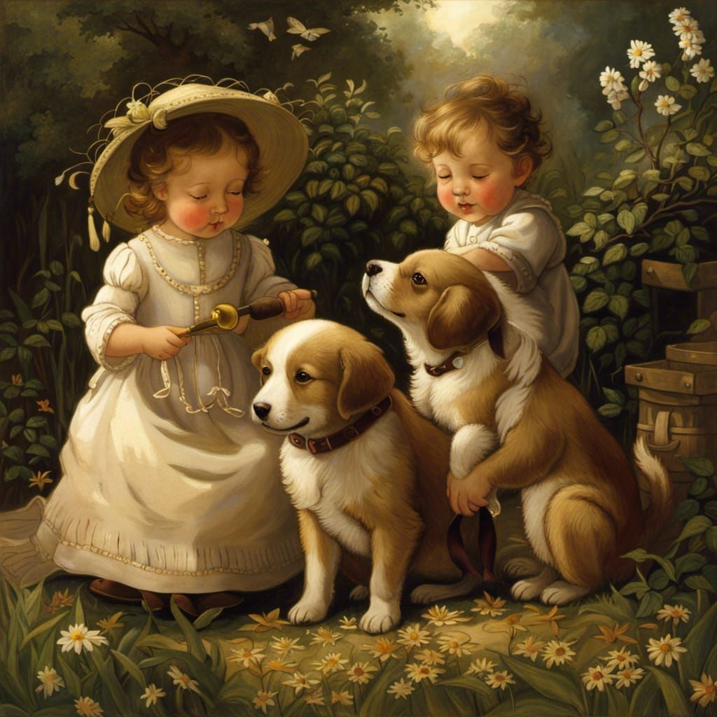 Toddler Siblings Play with Dog in Garden