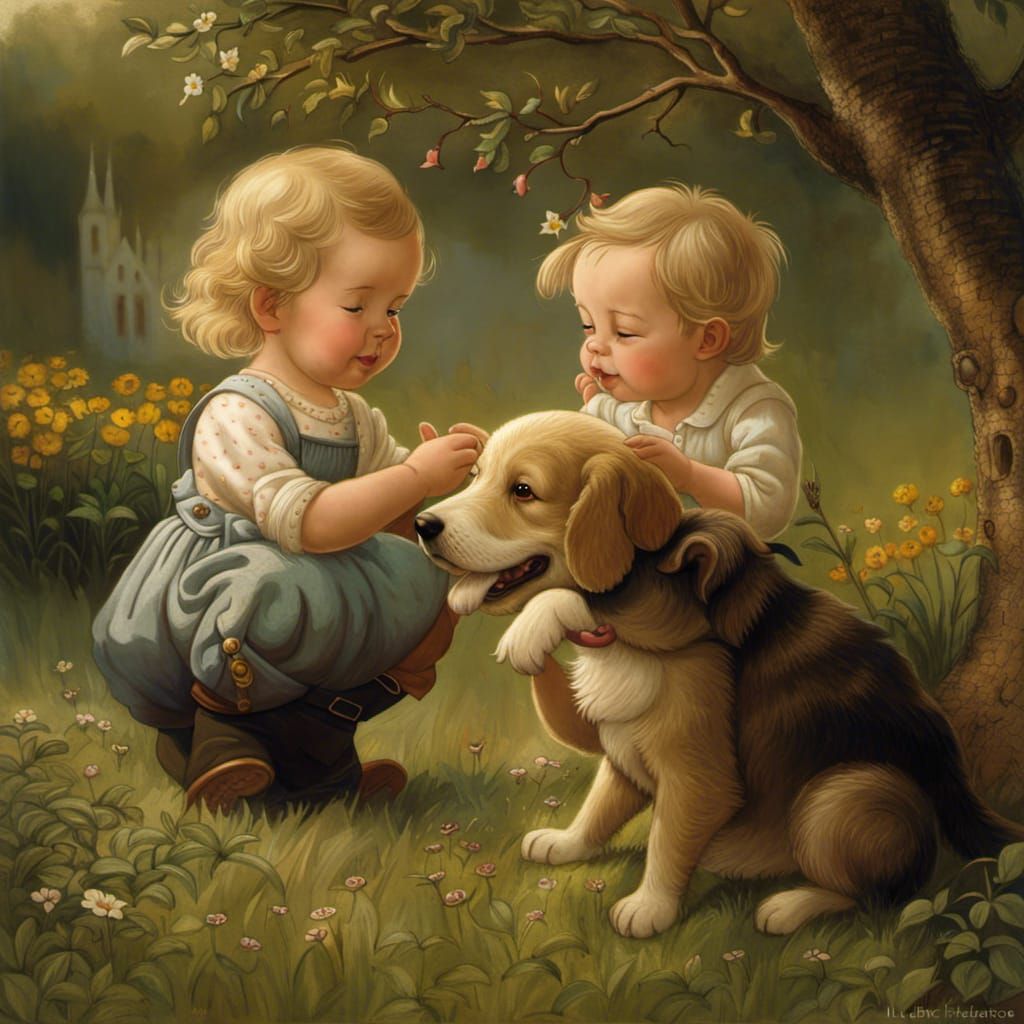 Toddler Siblings Play with Dog in Garden