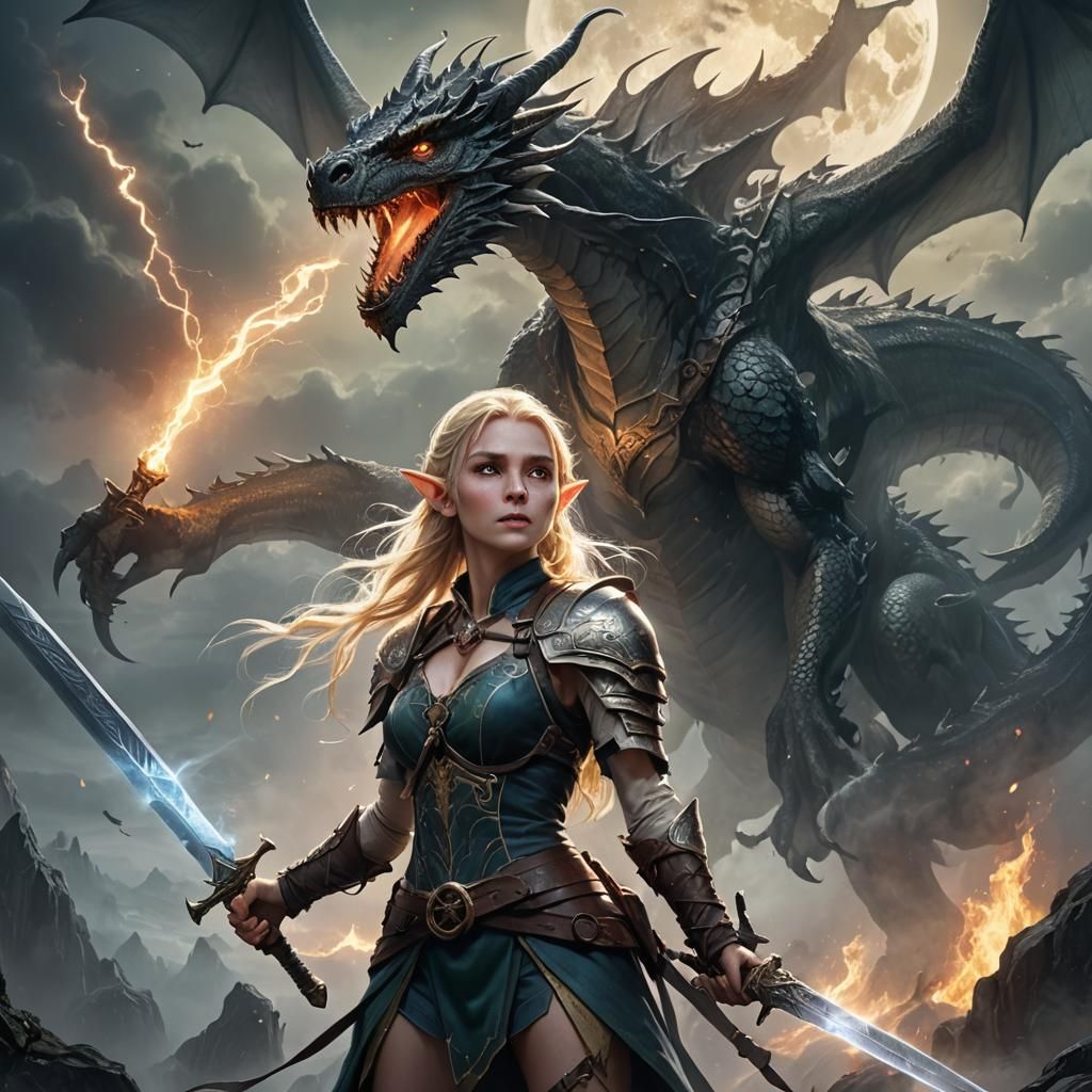 Elf Warrior and Smoke Dragon in Fantasy Art