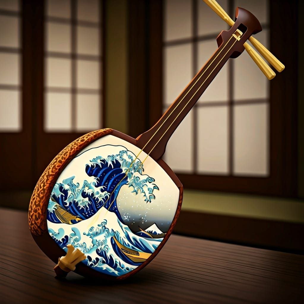 Japanese Shamisen with Holographic Wave Design