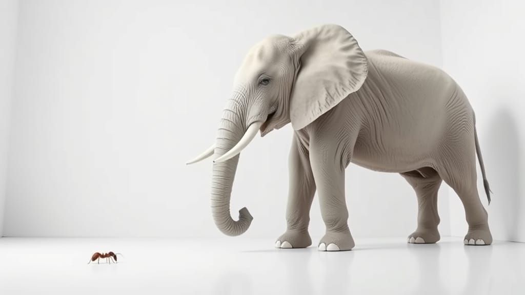 Elephant and ant in a white room