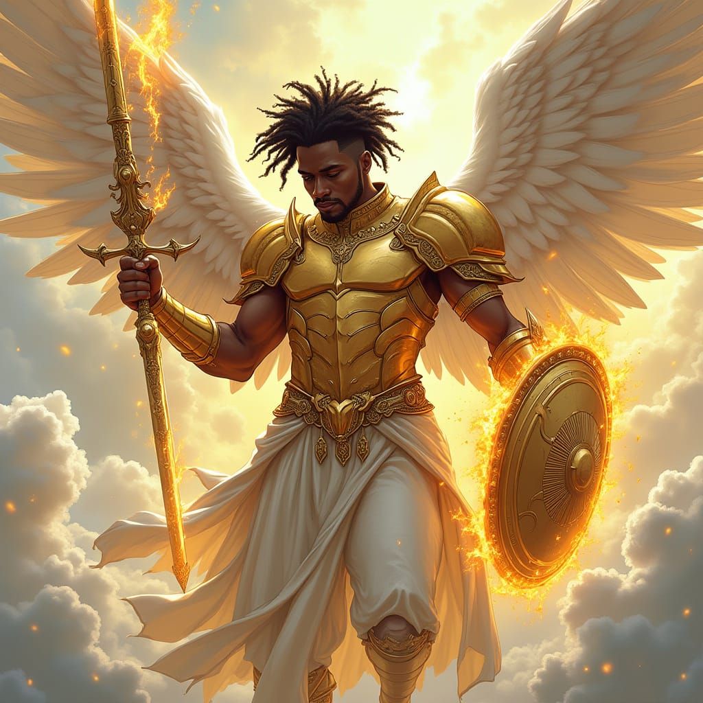 Golden Angel Descends to Battle in Fiery Glory