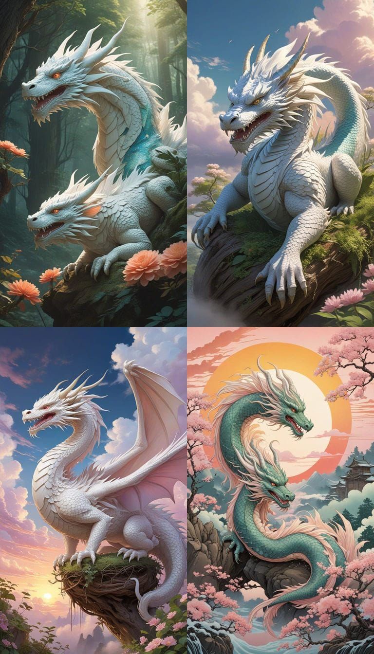 Majestic White Dragon Guards Precious Egg Amidst Vibrant Clo...