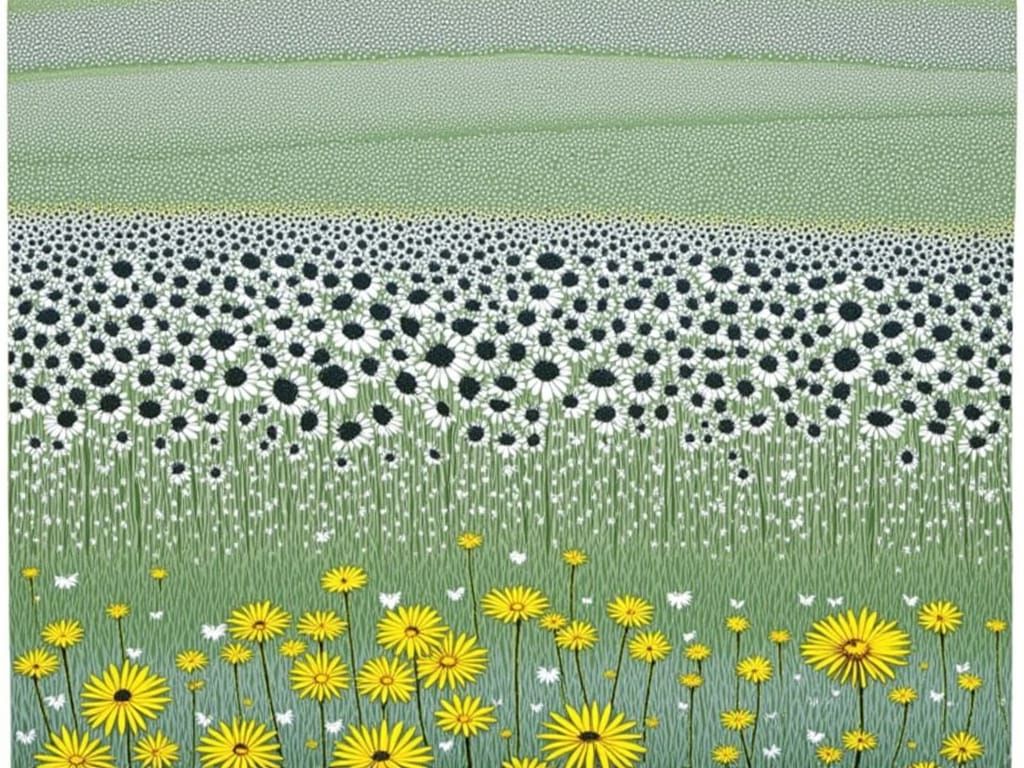 Dandelion Meadow in Hand-Colored Linoprint Style