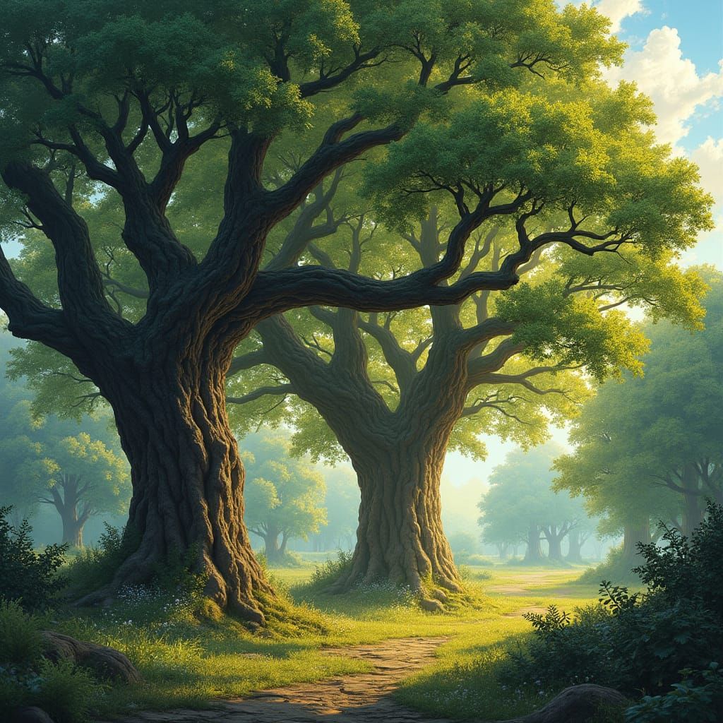 Majestic Oak Trees in Sun-Dappled Forest Glade