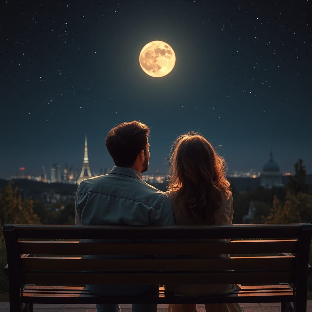 Romantic Couple Gazing at Moonlit Cityscape