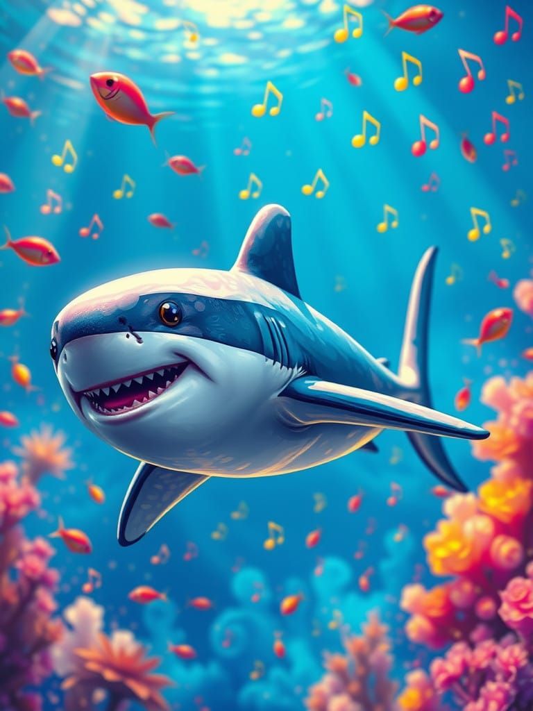 Vibrant Baby Shark in Whimsical Neo-Impressionist Dreamscape