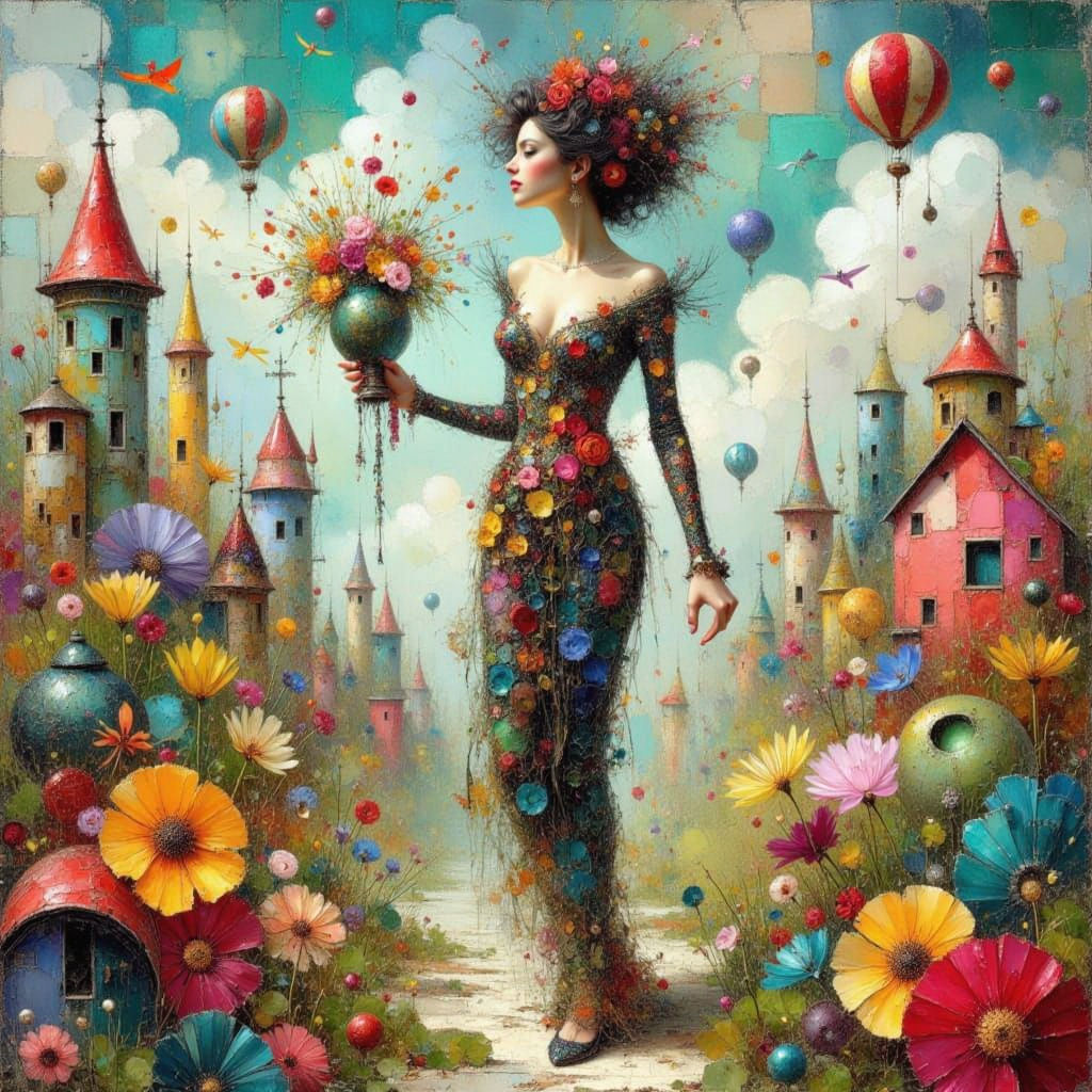 Surreal Giantess in Strange Town: A Mixed Media Masterpiece