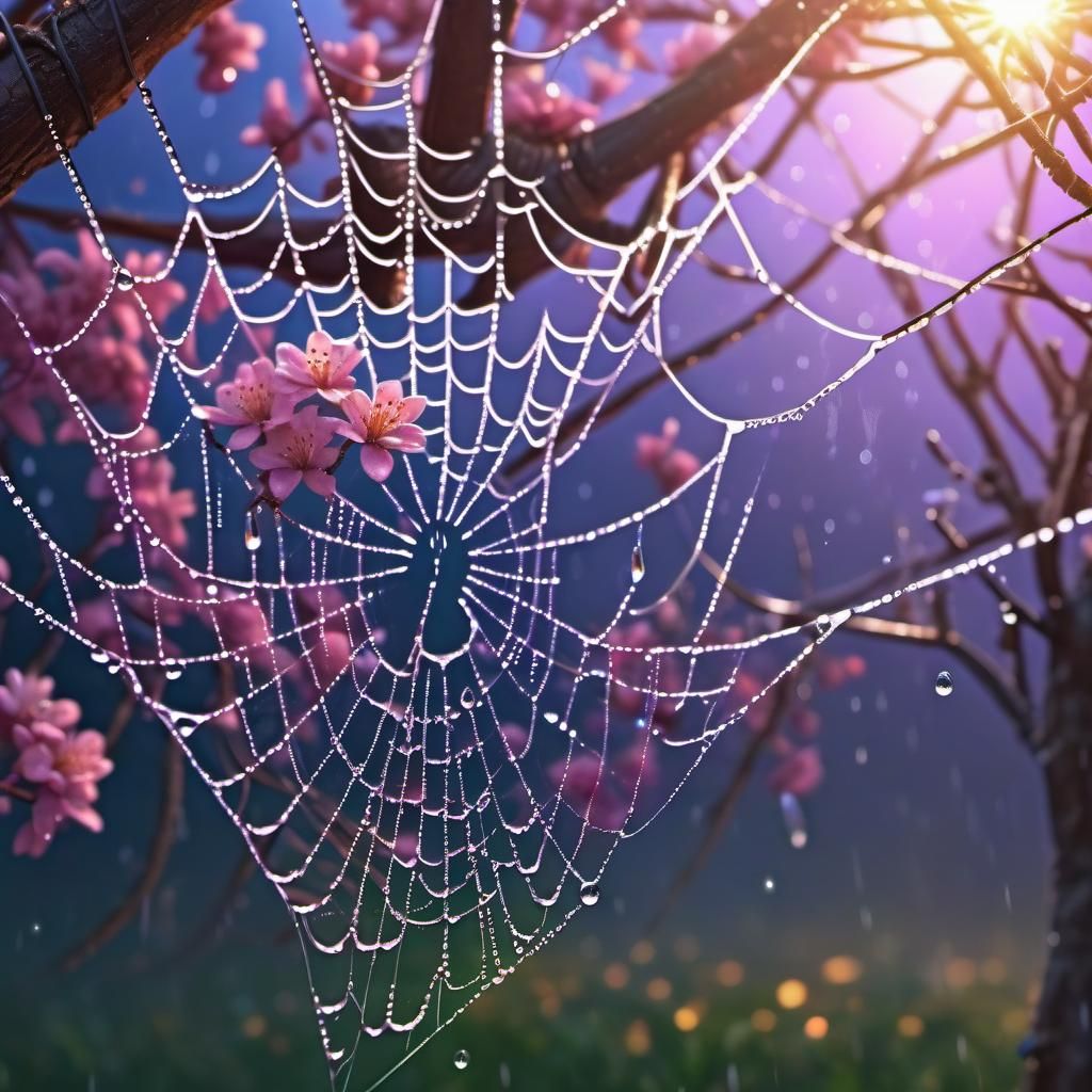 Spider Web Dewdrops: Hyperrealistic Splash Art
