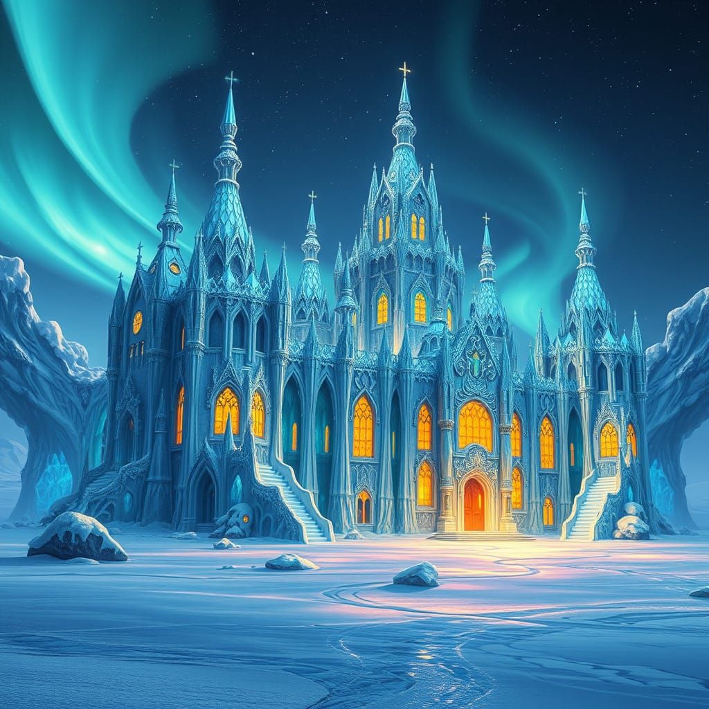 Ethereal Palace of Ice Shines in Frozen Tundra Landscape