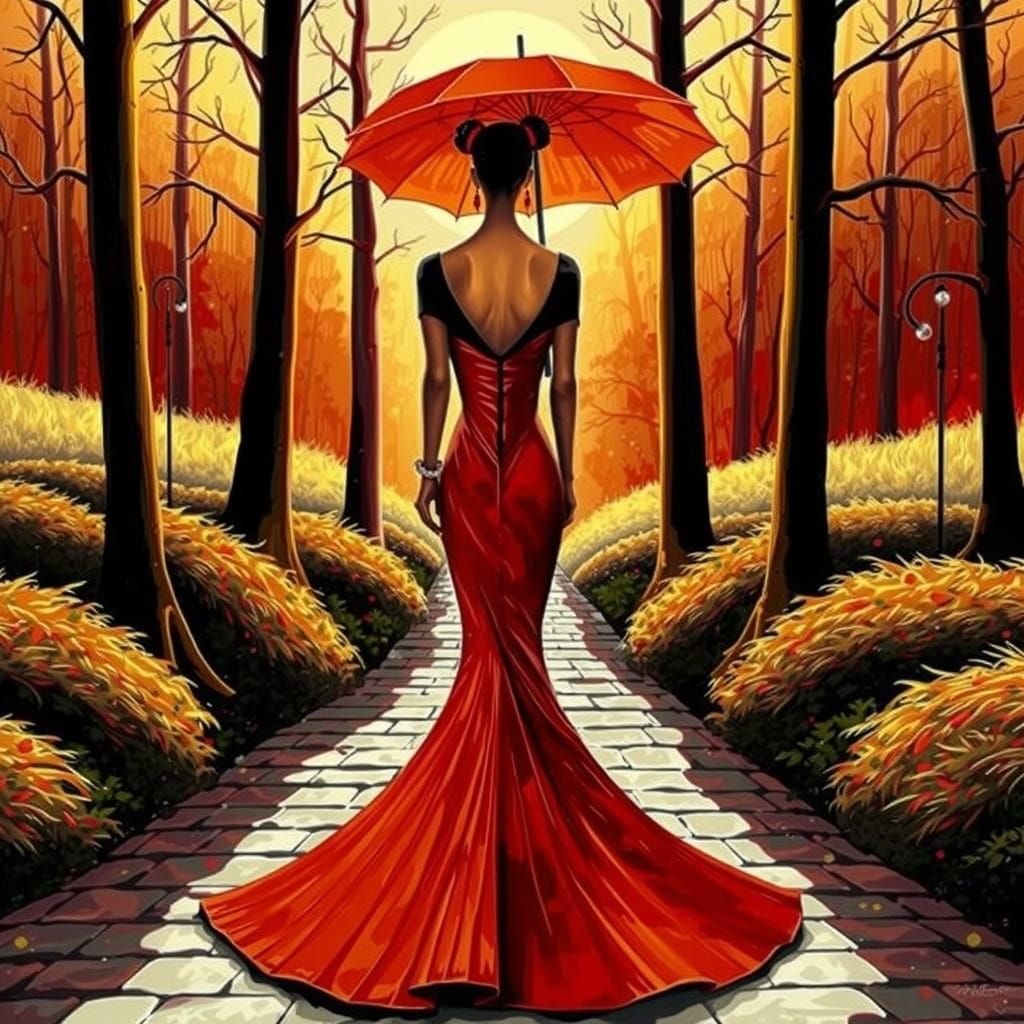 Woman with Parasol in Autumn Landscape as Impasto