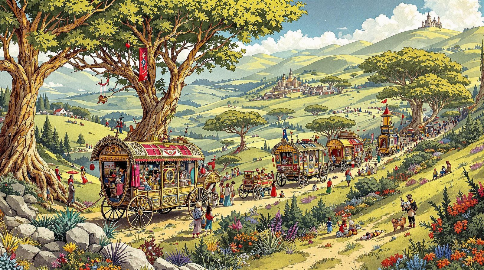 Nomadic Caravan City in Lush Fantasy Landscape