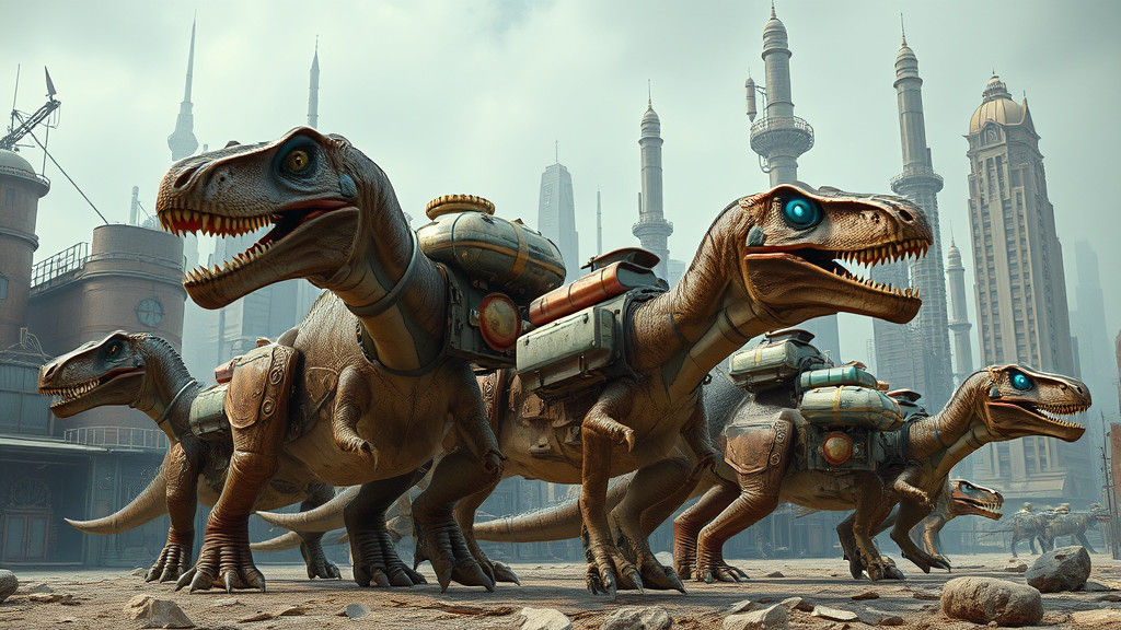 Retro-Futuristic Dinosaurs in Steampunk Cityscape