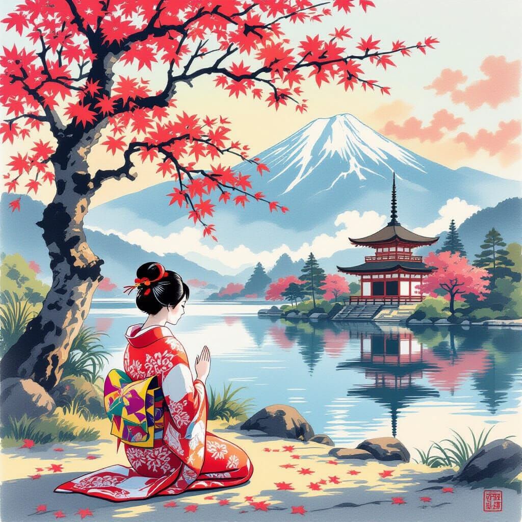 Serene Woman Praying Under Cherry Tree