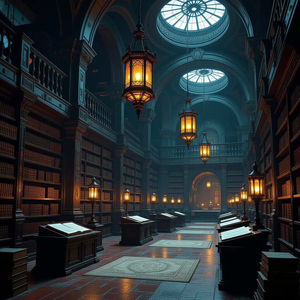 Futuristic Library with Ornate Chandeliers