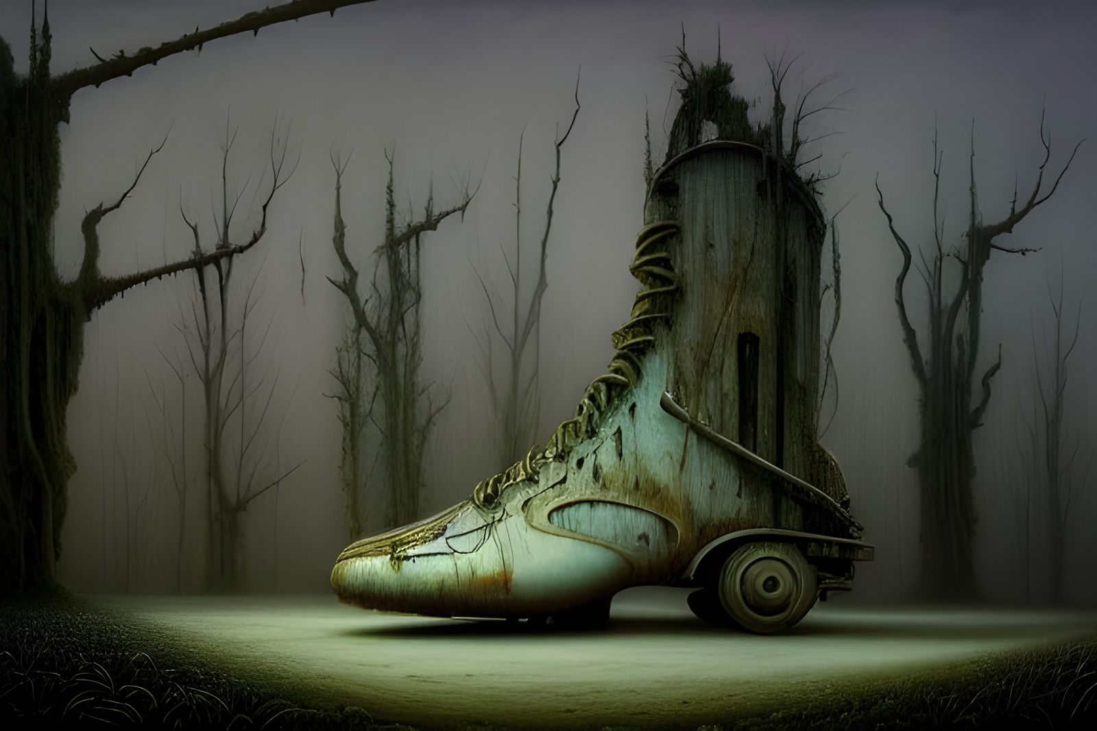 Surreal Mechanical Shoe in Overgrown Dreamscape