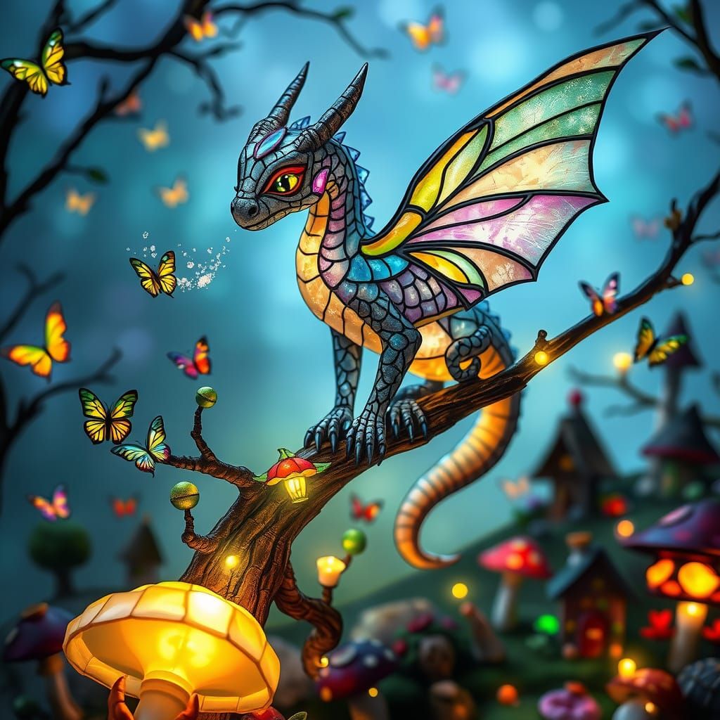 Fairy Dragon in Bioluminescent Grove, Dreamy Illustration