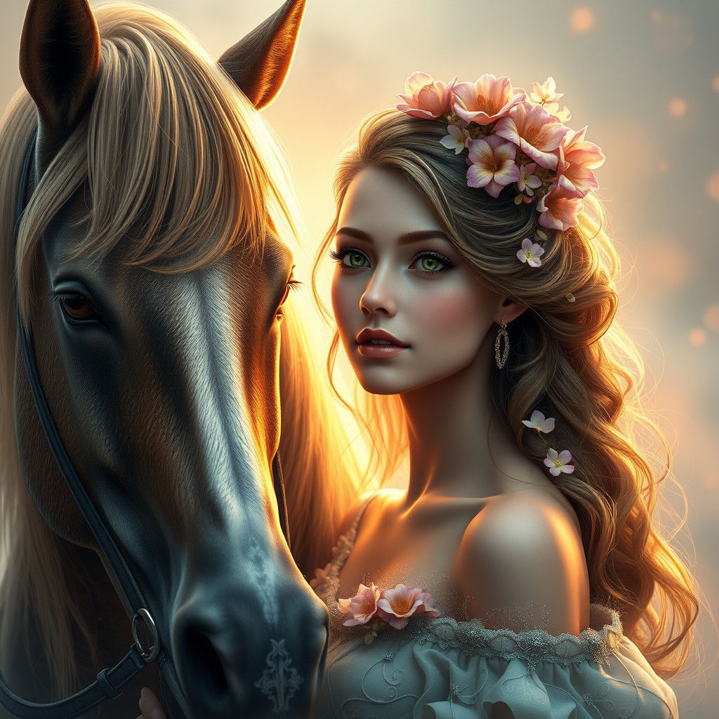 Ethereal Flower Girl with Horse: Concept Art Portrait