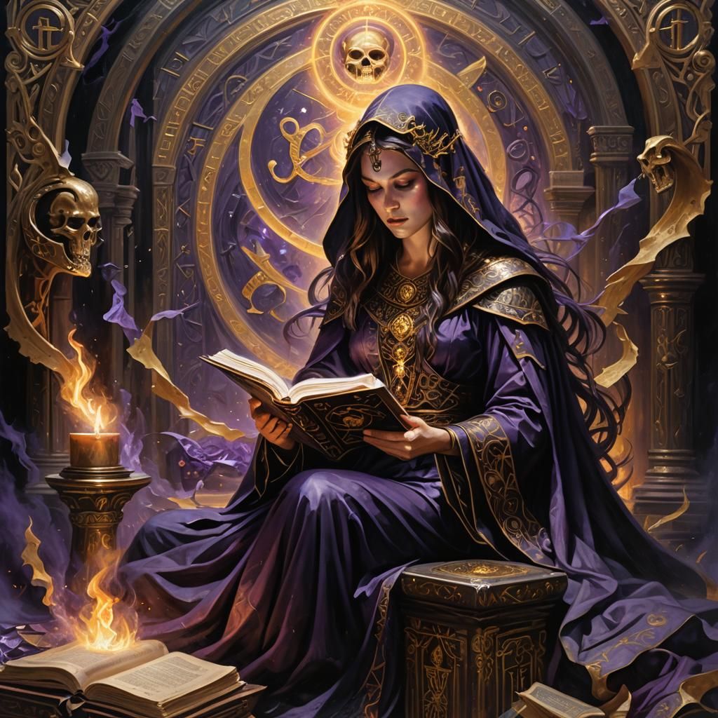 Goddess of Death Reading Tome, Anton Pieck-Style Oil Paintin...