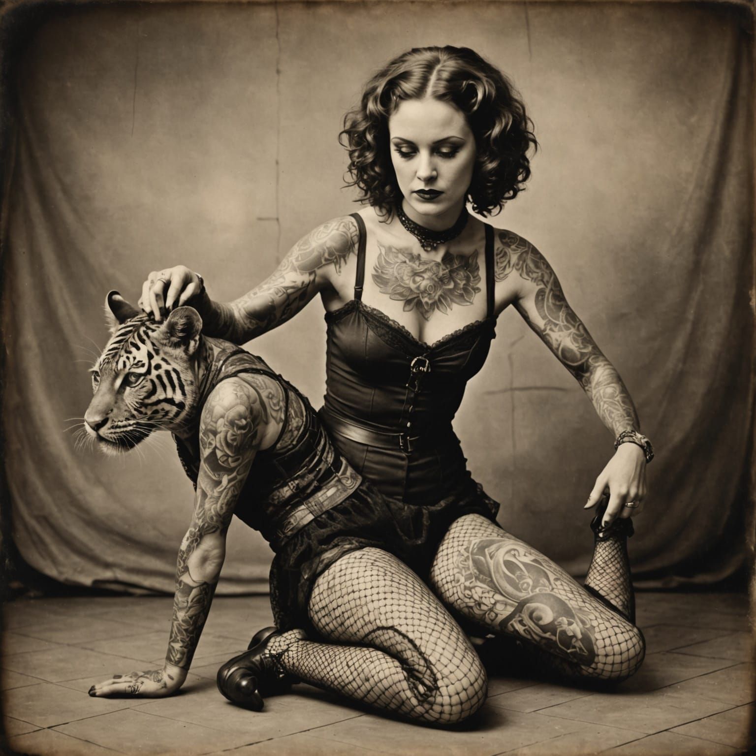 Vintage Sepia Portrait of Tattooed Contortionist