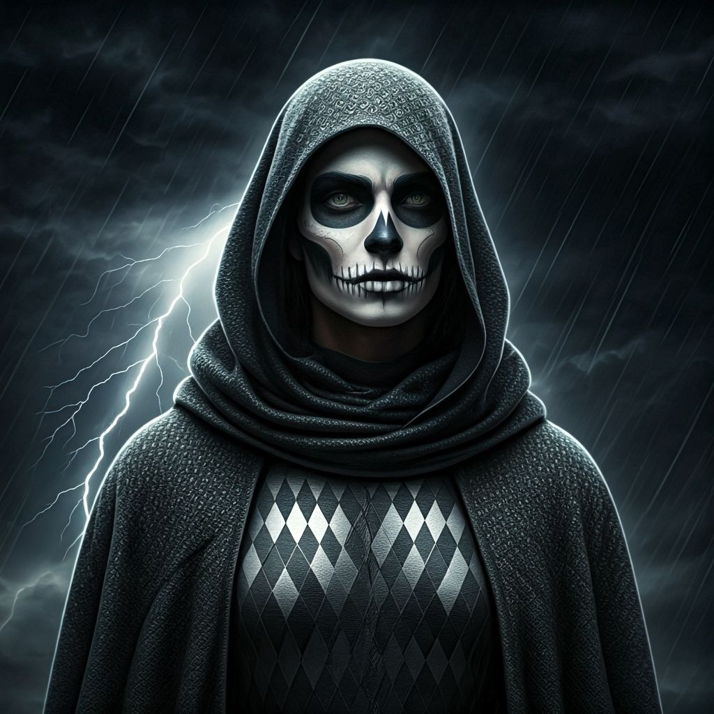 Harlequin Skeleton in Fantasy Lightning Storm