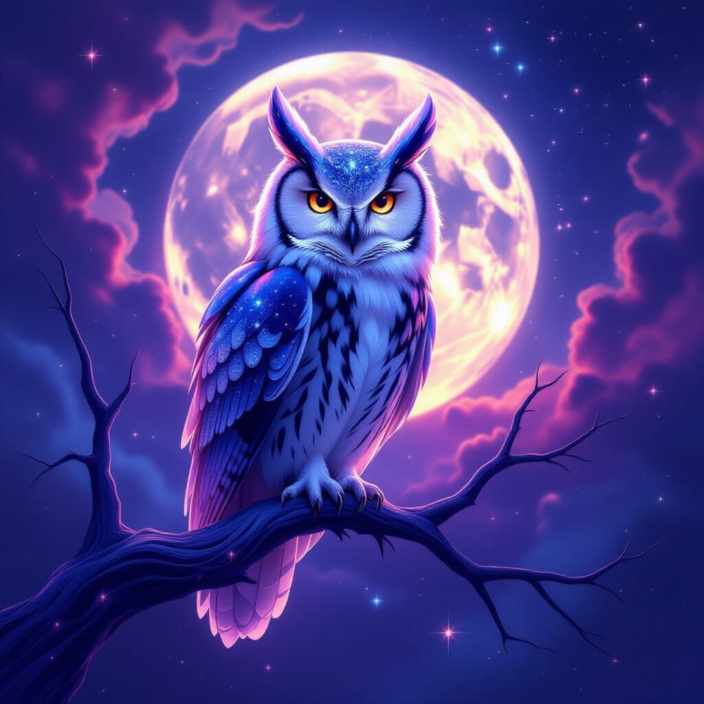 Crystalline Owl on Moonlight Branch in Cosmic Nebula
