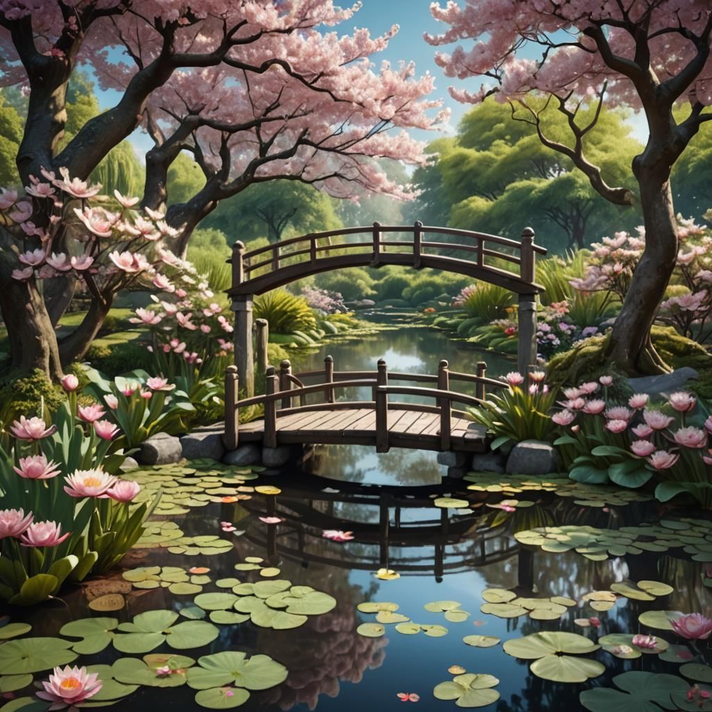 Tranquil Garden Scene with Blossoms, Detailed Matte Painting