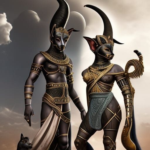 Anubis and Bastet in Black Desert Digital Painting