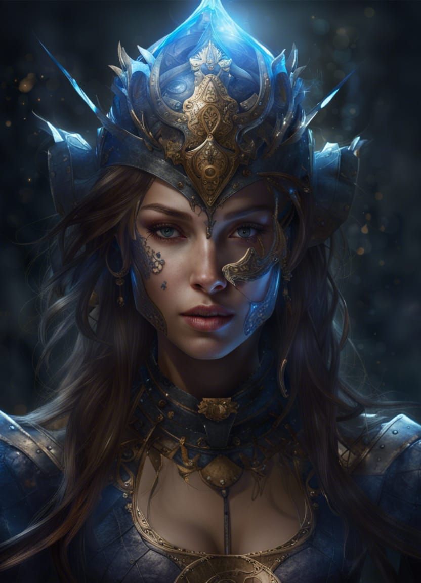 Female Knight in Blue and White Armor