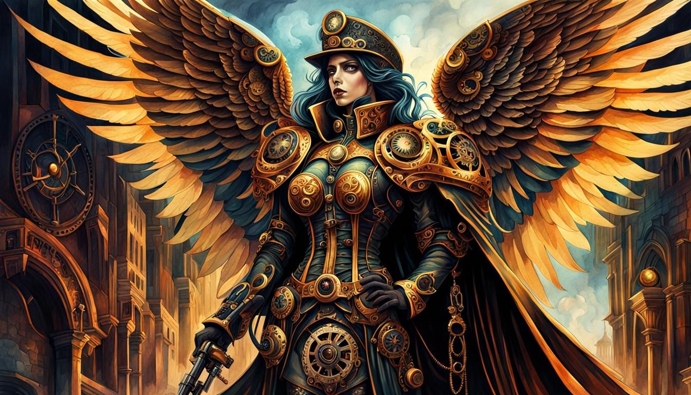 Steampunk Angel of Death Watercolor Illustration