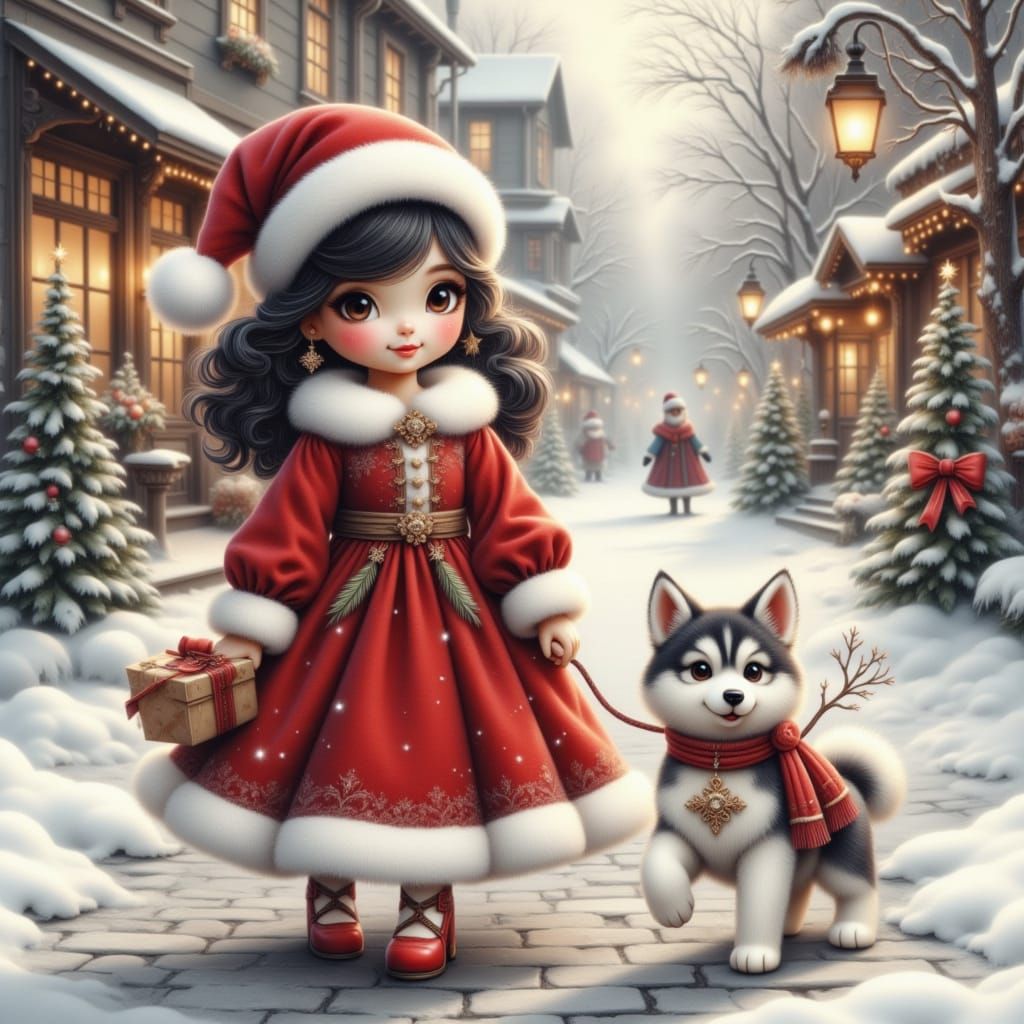 Girl in Red Dress with Husky on Snowy Street