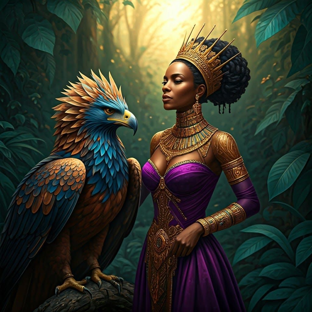 African Queen Converses with Majestic Eagle in Lush Forest