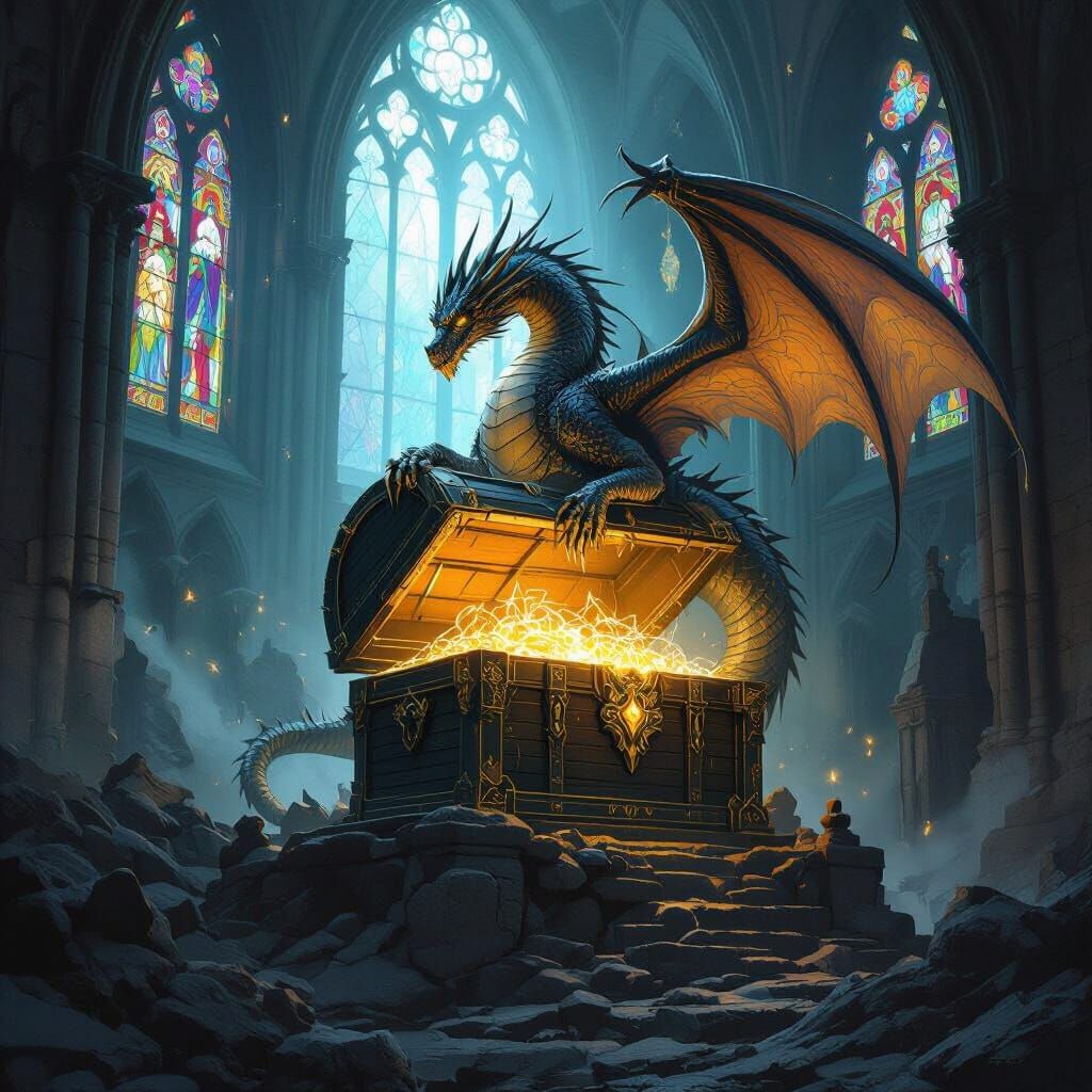 Dragon on Gothic Ruins with Glowing Treasure, Ethereal Light