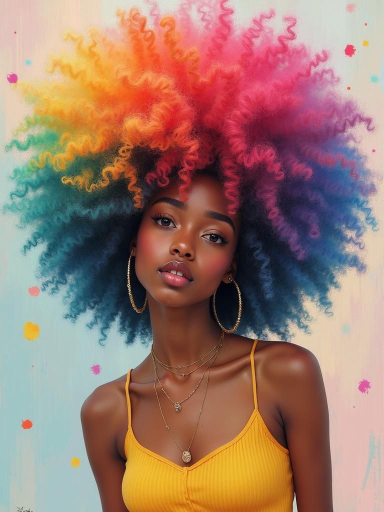 Rainbow Afro Portrait in a Whimsical Style