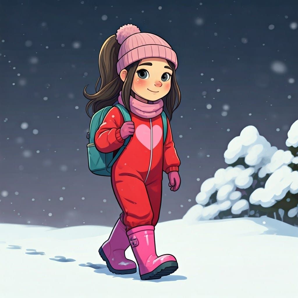 Girl with Backpack Walks Home in Winter Snow
