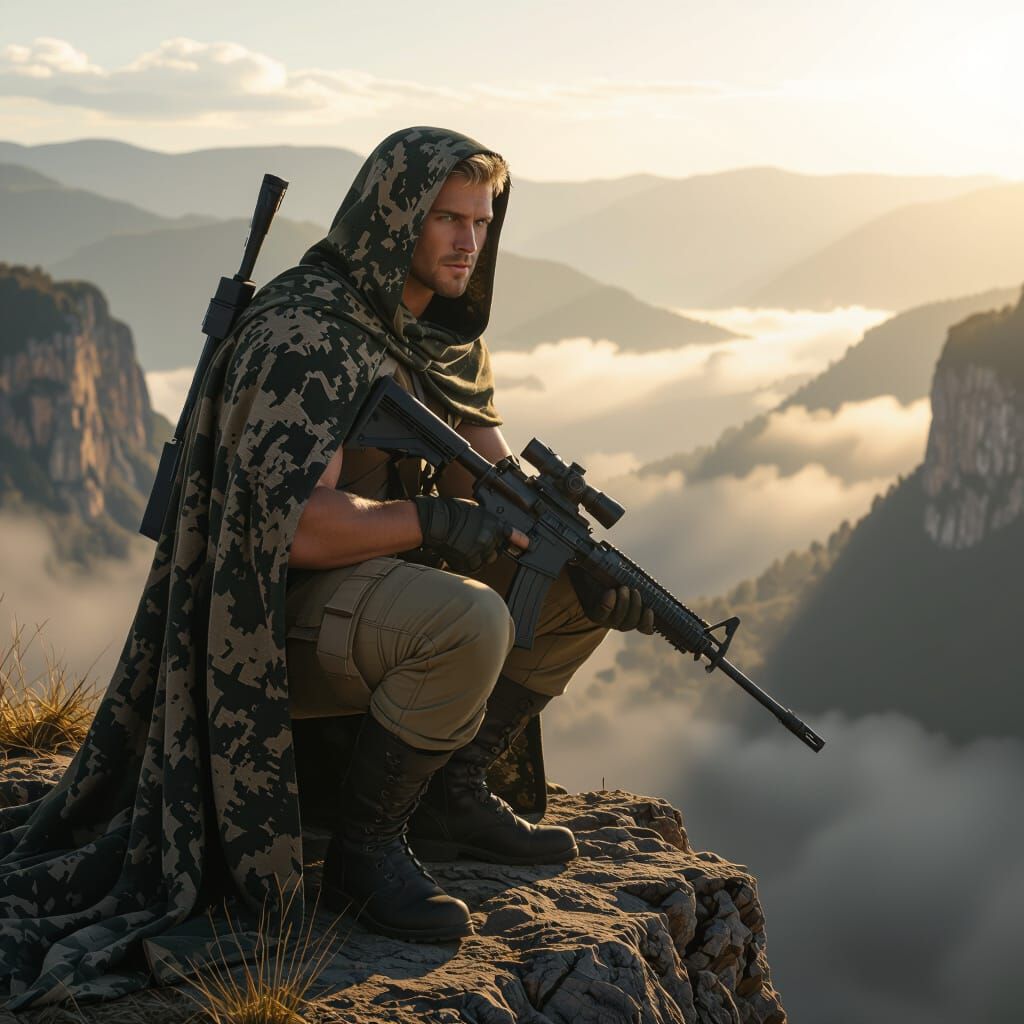 Athletic Man on Cliff Edge Overlooking Valley
